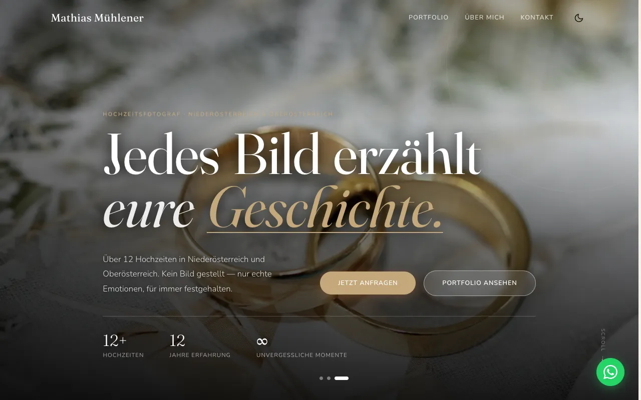 Website für Hochzeitsfotograf Mathias Mühlener: dunkler cinematischer Hero mit Serifen-Typografie