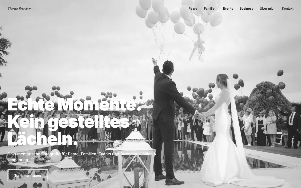 Theresa-Brandner-Konzept: Schwarzweiß-Dokumentarfotografie-Portfolio mit Kategorie-Sektionen